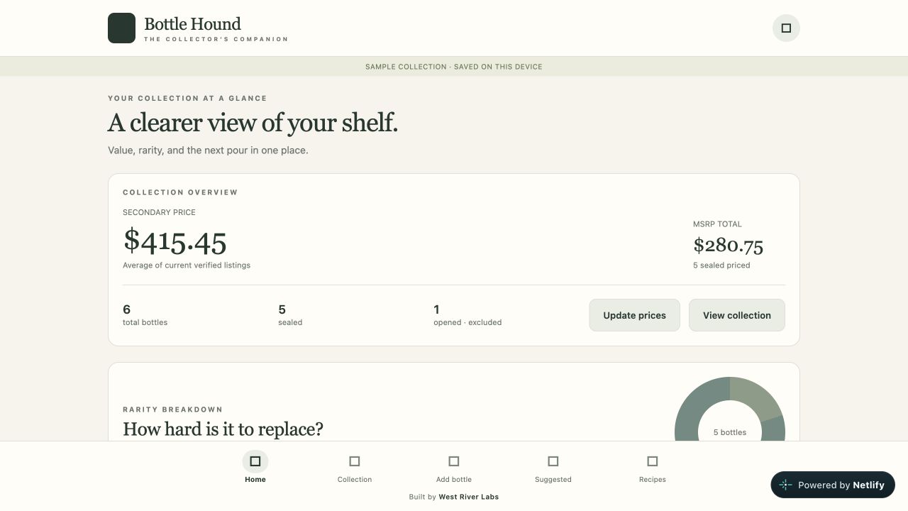 Bottle Hound’s collection dashboard with sample values and rarity breakdown